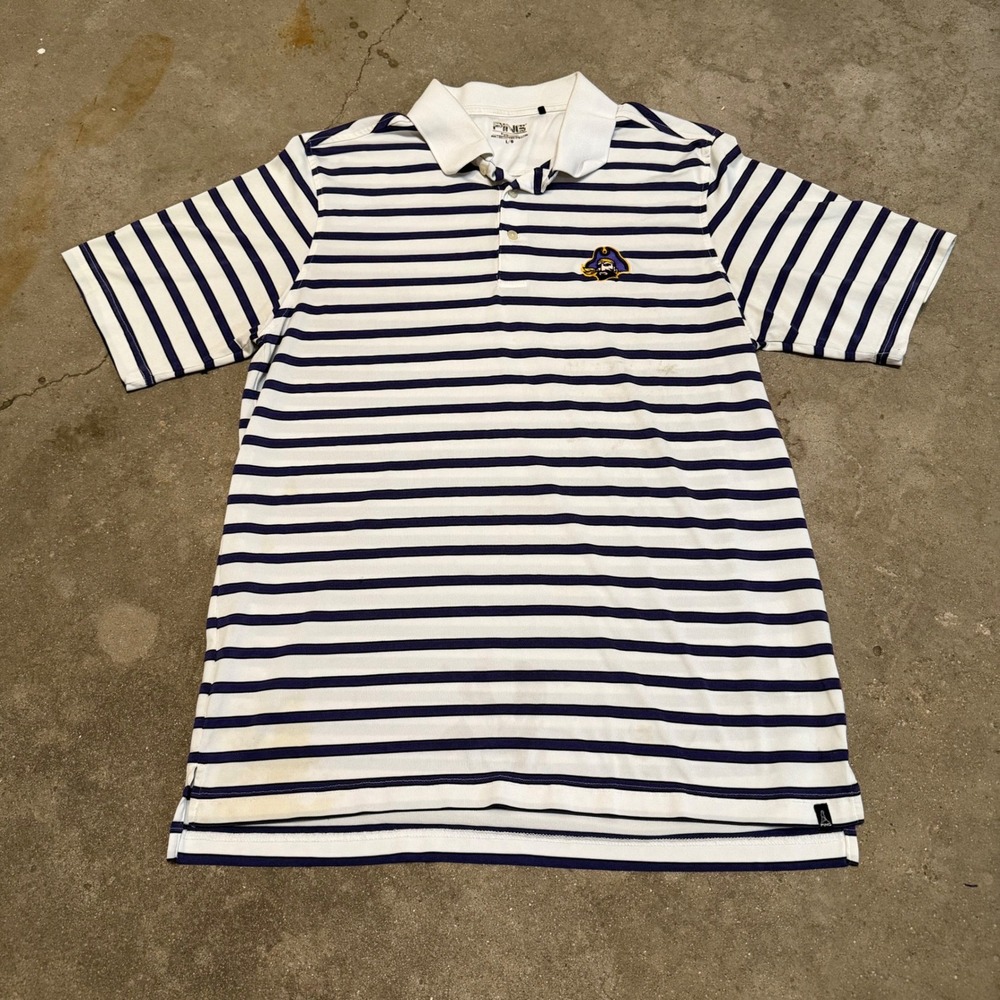 Ping Polo Shirt Mens Large White Purple Striped ECU Pirates Golf Short Sleeve